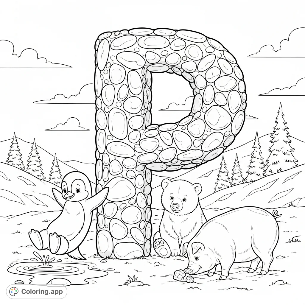 Explore the Letter P with a playful penguin, patient polar bear cub, and rooting pig on a decorative stone P, set against a chilly, snowy backdrop.