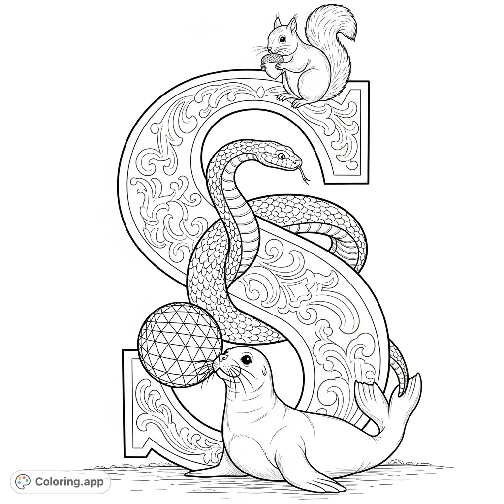 Explore the alphabet with this captivating 'S' coloring page, featuring a coiled snake, a bushy-tailed squirrel with an acorn, and a playful seal balancing a ball.