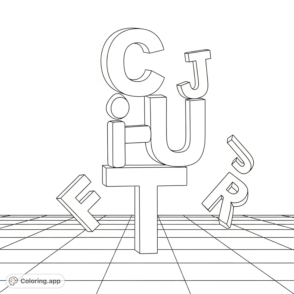 An engaging alphabet coloring page featuring letters stacked in an improbable tower, resting on a checkered floor with playful tumbling letters nearby.