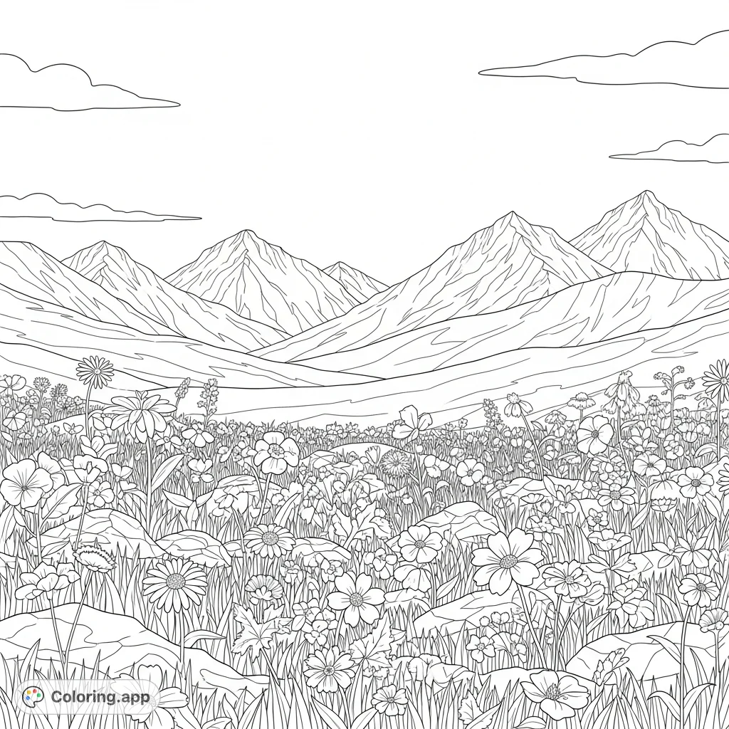 Discover a beautiful alpine meadow coloring page featuring intricate wildflowers, serene hills, and majestic snowy peaks under a vast, open sky.