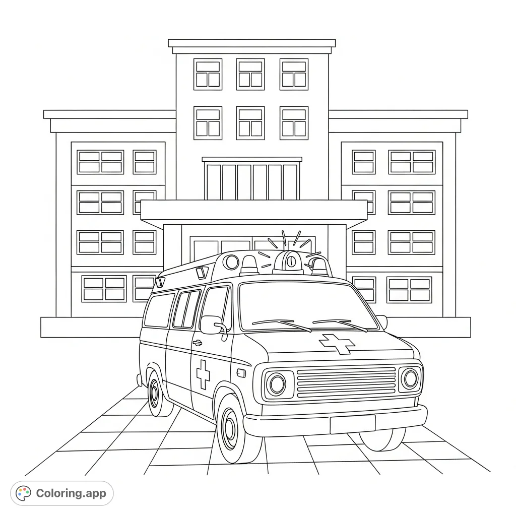 A detailed coloring page depicting a van-style ambulance parked at a hospital entrance, featuring emergency lights and a simplified hospital silhouette.