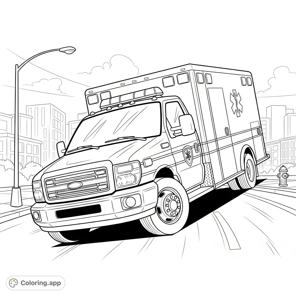 Dynamic coloring page featuring a rapid-response ambulance taking a sharp turn on a city street, full of intricate details for an engaging experience.