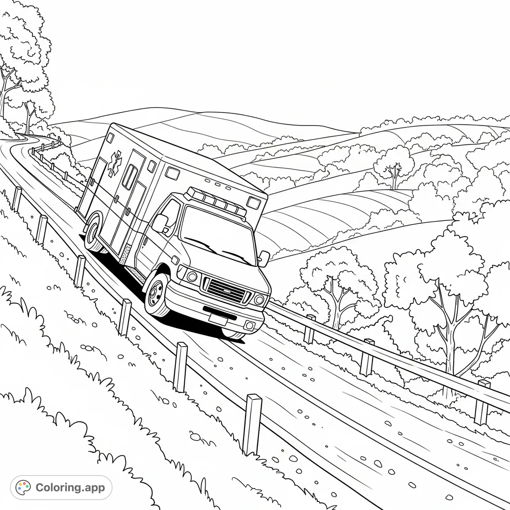 A detailed coloring page featuring an ambulance bravely ascending a challenging, winding rural road with sparse guard rails, surrounded by rolling hills and trees.