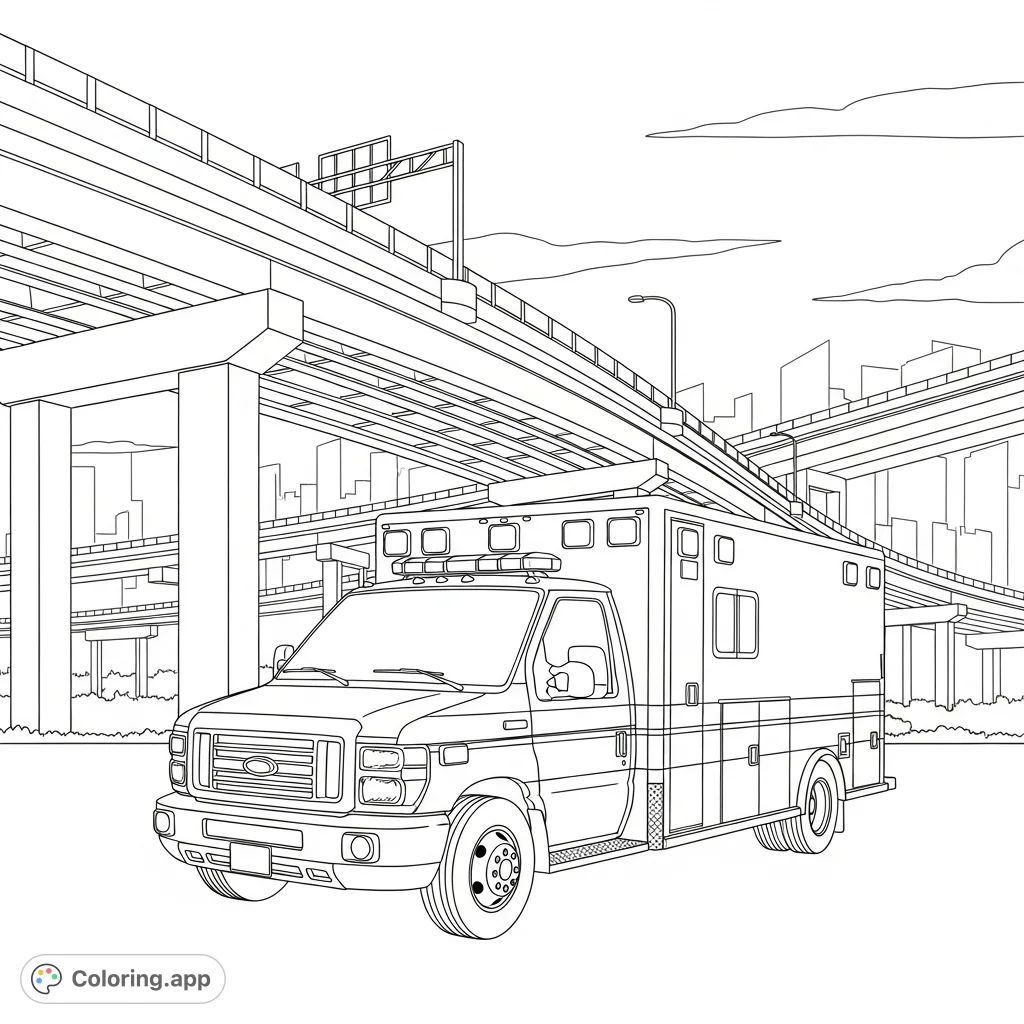 Color a detailed ambulance parked beneath a large highway overpass with subtle urban silhouettes and open sky, offering an engaging urban scene.