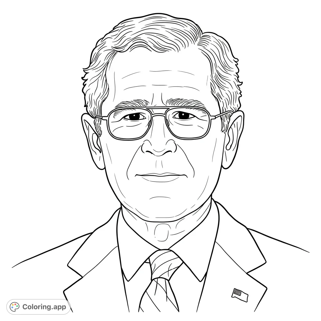 A distinguished American statesman portrait coloring page, featuring a man in a suit and glasses with an American flag pin. Free printable coloring page for adults.