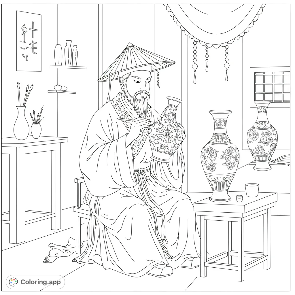 An ancient artisan meticulously paints intricate designs on a ceramic vase, surrounded by traditional tools and finished pottery. A detailed cultural scene.
