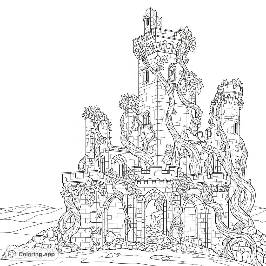 Explore an ancient castle ruin with collapsed walls and intricate vines. A challenging and rewarding coloring page for history and fantasy enthusiasts.