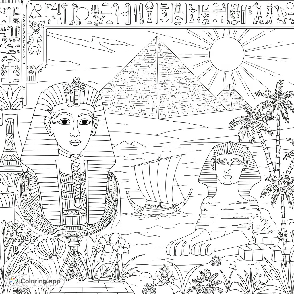 Explore ancient Egypt with a pharaoh bust, majestic sphinx, pyramids, and Nile boat. A free printable ancient Egypt coloring page for all ages.