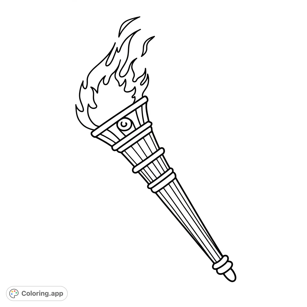A detailed line art torch with flickering flames and an ornate handle, perfect for a free printable coloring page. Ignite your creativity!