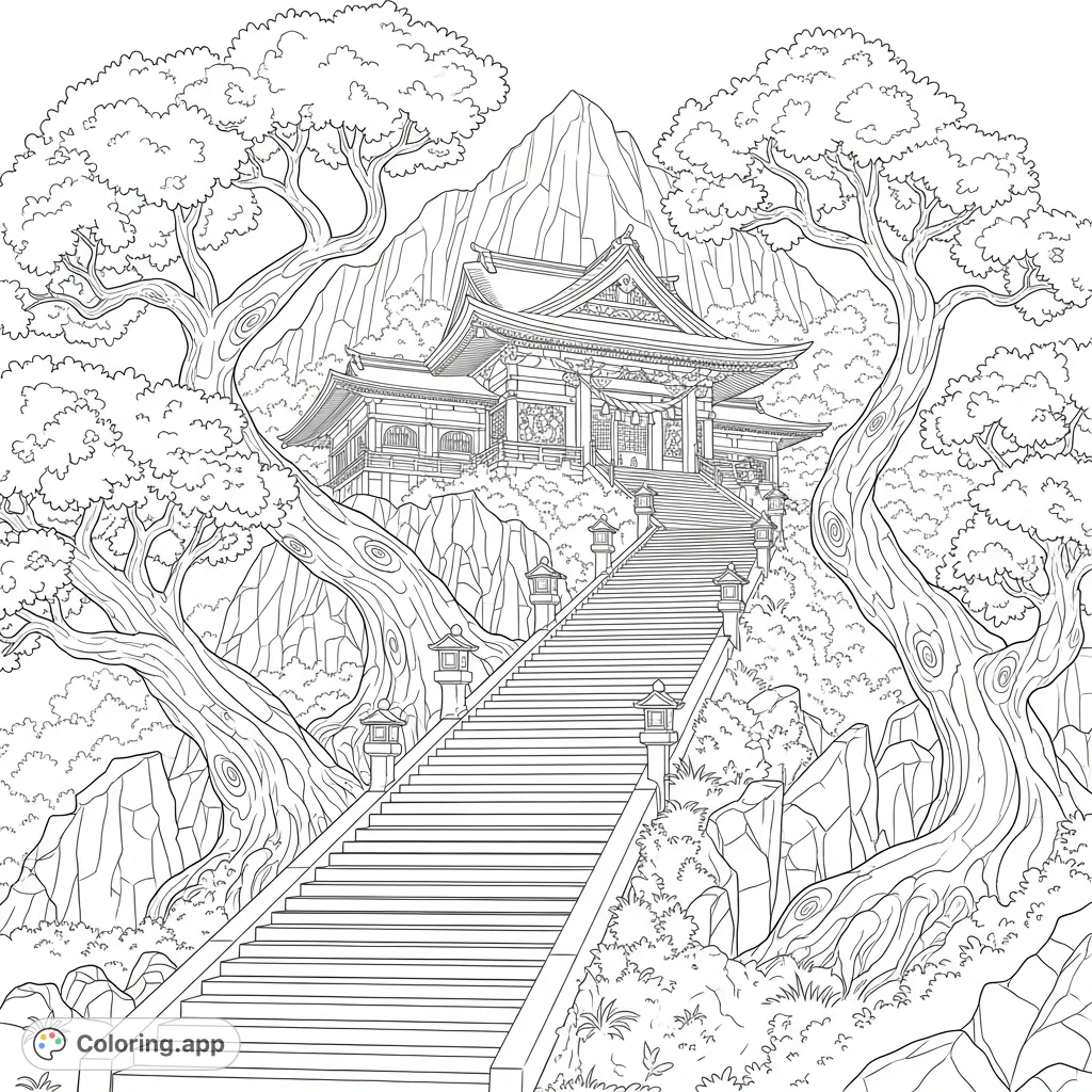 Discover a tranquil mountain shrine, accessed by steep stone steps and enveloped by ancient, swirling trees and jagged rock formations in this detailed coloring page.