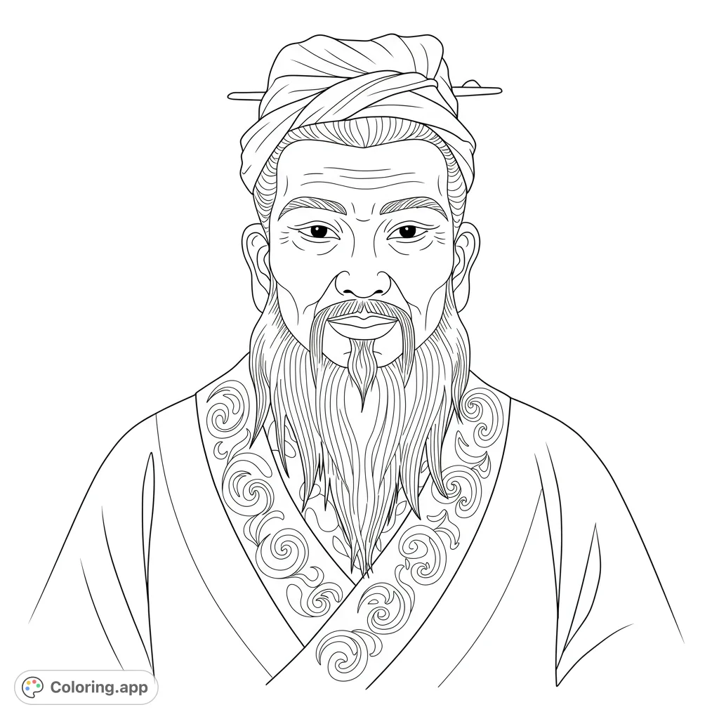 Color a wise ancient philosopher with a flowing beard, traditional headwear, and ornate robe. A detailed portrait for mindful coloring and historical exploration.