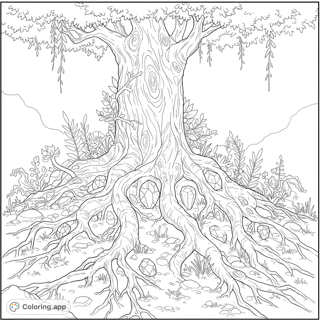Discover a mystical ancient tree with gnarled roots holding sparkling crystals. A free printable fantasy tree coloring page for all ages.