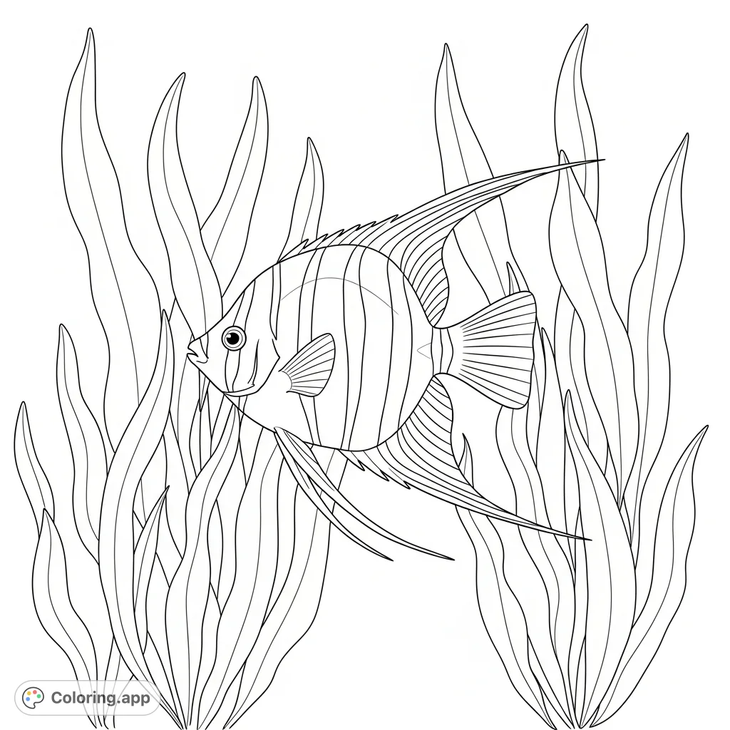 Dive into an underwater world with a graceful angelfish swimming amongst tall, wavy sea plants. Simplified patterns make this aquatic scene delightful to color.