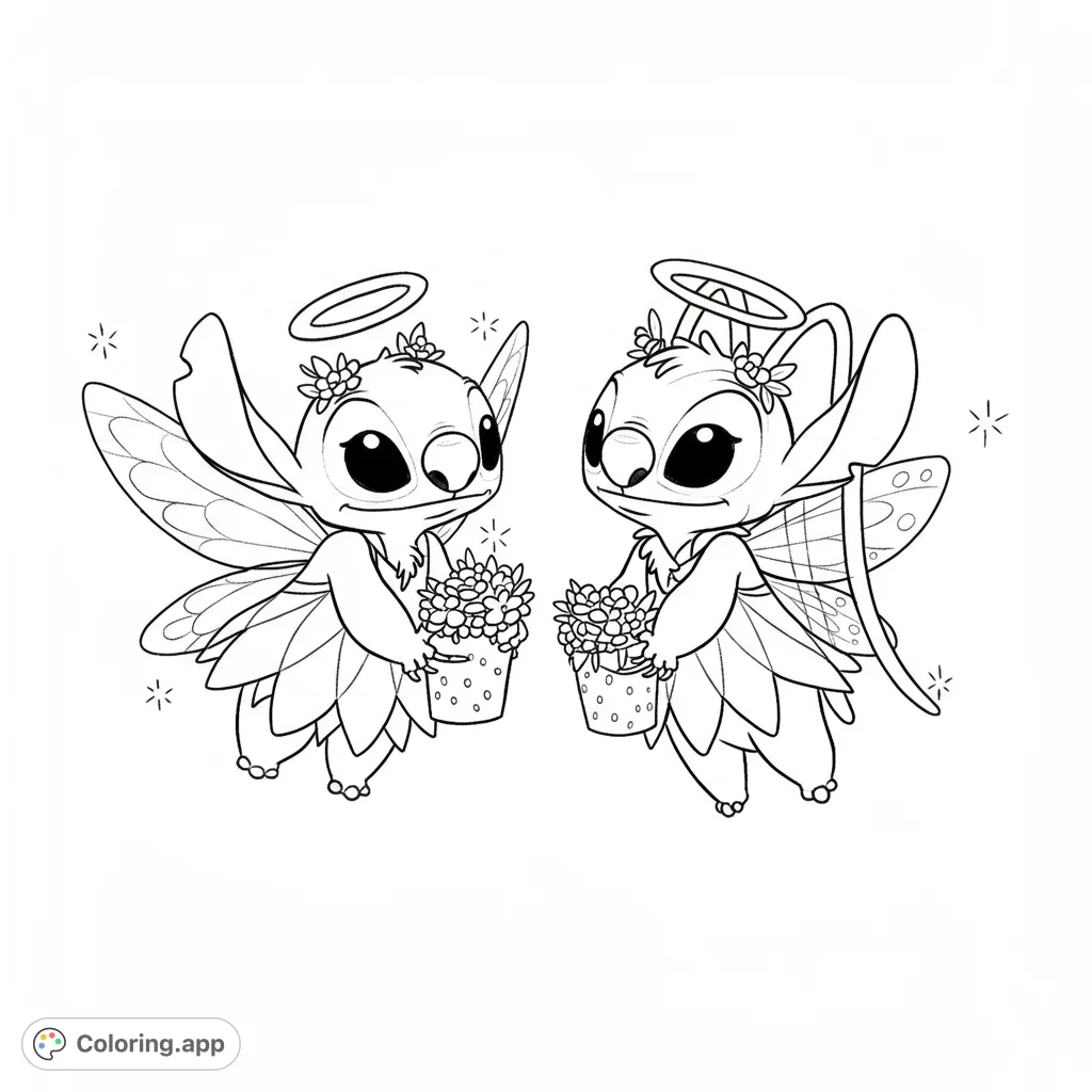 Adorable angelic creatures with fairy wings and halos, holding flower pots. A charming free printable coloring page for kids and adults.
