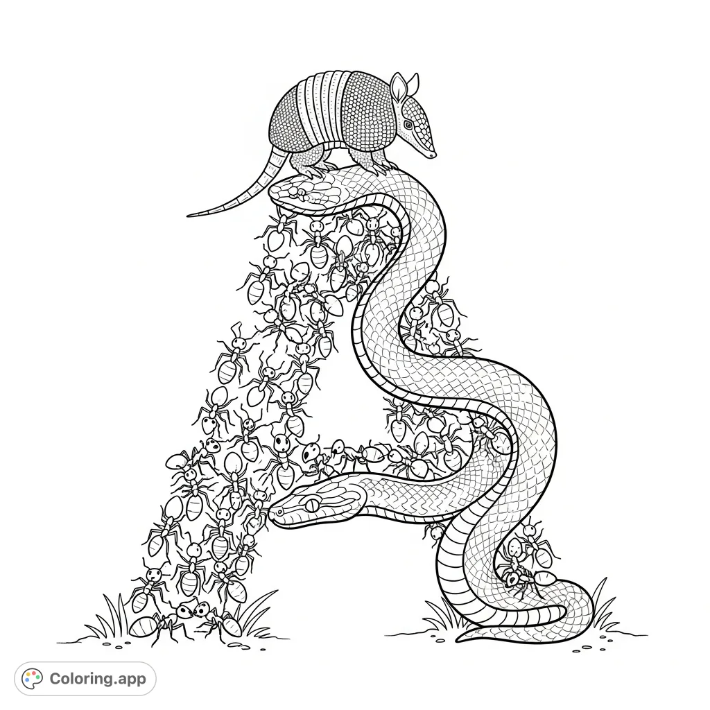 Discover a unique animal alphabet A coloring page. Industrious ants, a coiled anaconda, and a poised armadillo form a captivating letter design.
