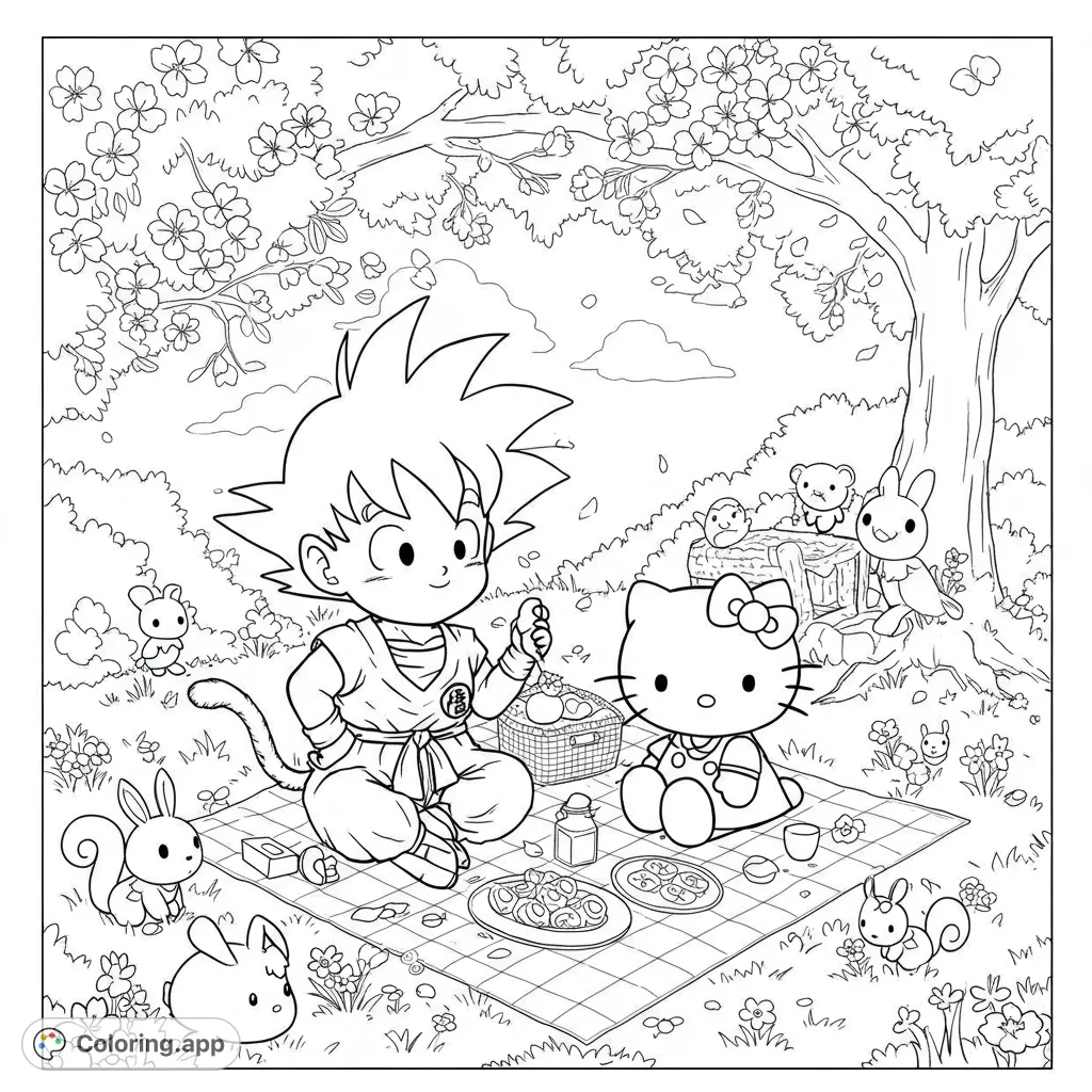 A delightful anime picnic coloring page featuring a spiky-haired boy and a beloved cartoon cat under a cherry blossom tree with cute animals. Free printable fun!
