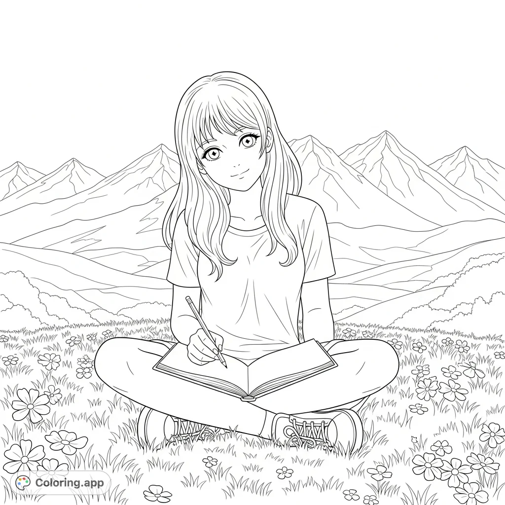 A serene anime girl sits cross-legged on grass, sketching in her book. Distant mountains and wildflowers complete this peaceful outdoor scene.