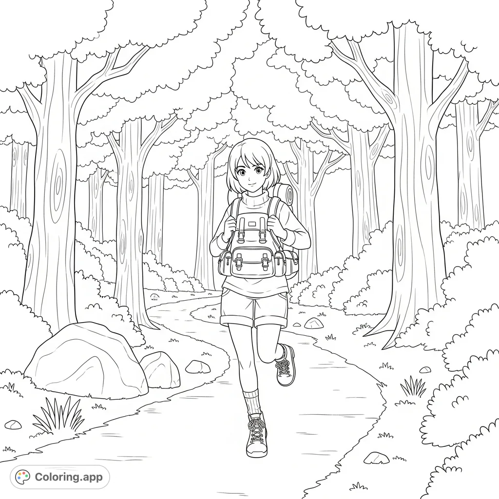 An adventurous anime girl explores a simplified forest trail, complete with a detailed backpack, sturdy boots, and expressive simplified trees.