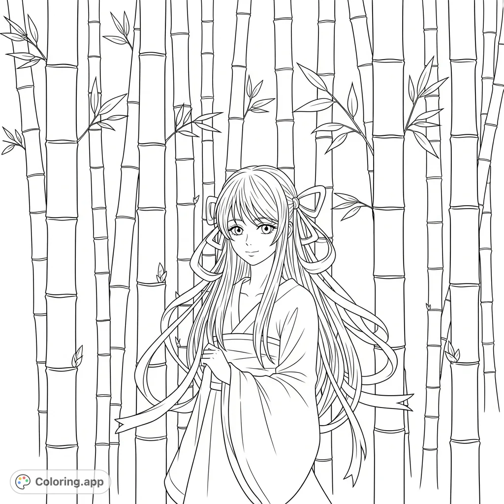 An enchanting anime girl with flowing, ribboned hair stands gracefully in a serene bamboo forest. A perfect scene for tranquil coloring.