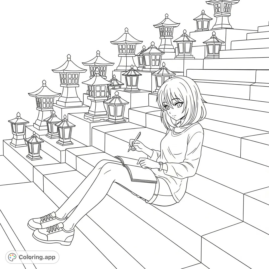 A charming anime girl sits gracefully on ancient stone steps, immersed in her notebook, with decorative lanterns softly illuminating the background.