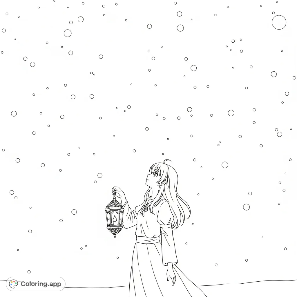 A captivating anime girl holds an ornate lantern beneath a vast, dot-filled starry night sky. Perfect for fans of celestial themes and character art.