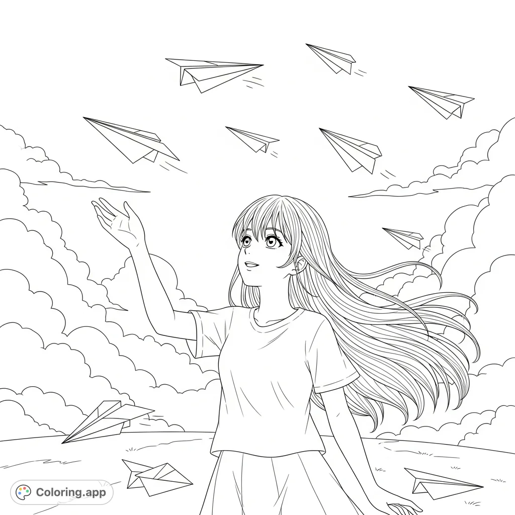 An enchanting anime girl tosses paper airplanes into a cloud-filled sky, her long hair flowing. A whimsical scene perfect for creative coloring.