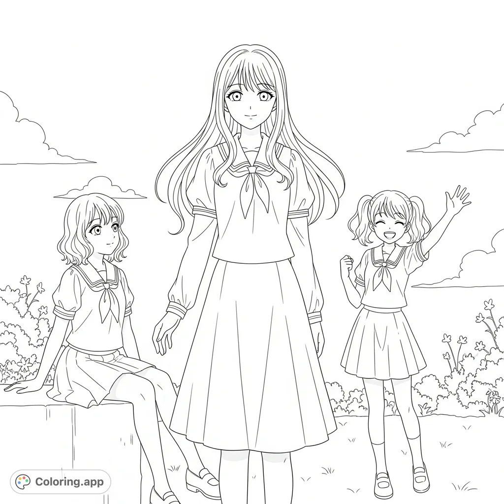 Three cheerful anime girls in distinct poses: standing, sitting, and waving, set against a simple, open background perfect for creative coloring.