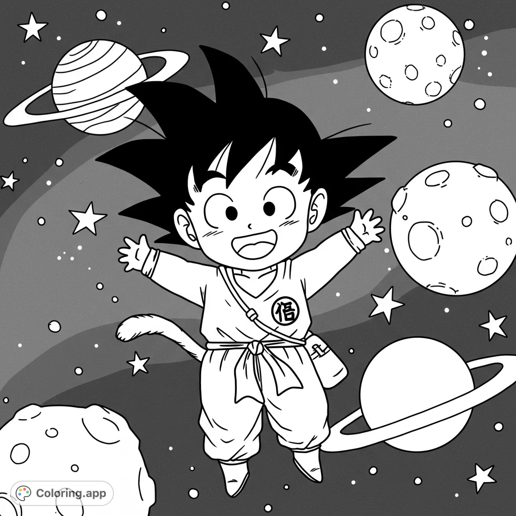 An exciting anime character space adventure coloring page featuring a cheerful hero floating among planets and stars. A free printable coloring page for kids and adults.