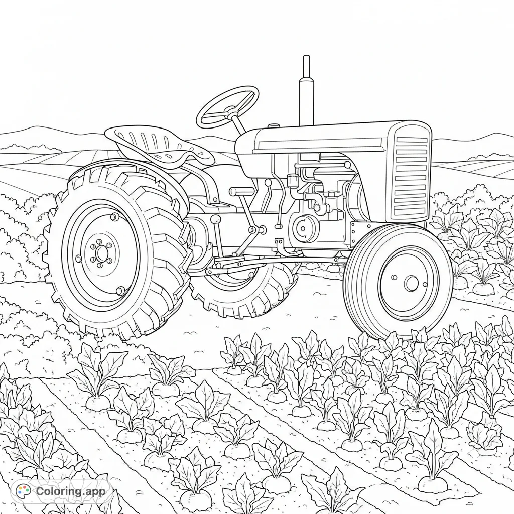A delightful coloring page featuring a small, charming antique garden tractor parked next to a simplified vegetable patch, ready for a day of farming fun.