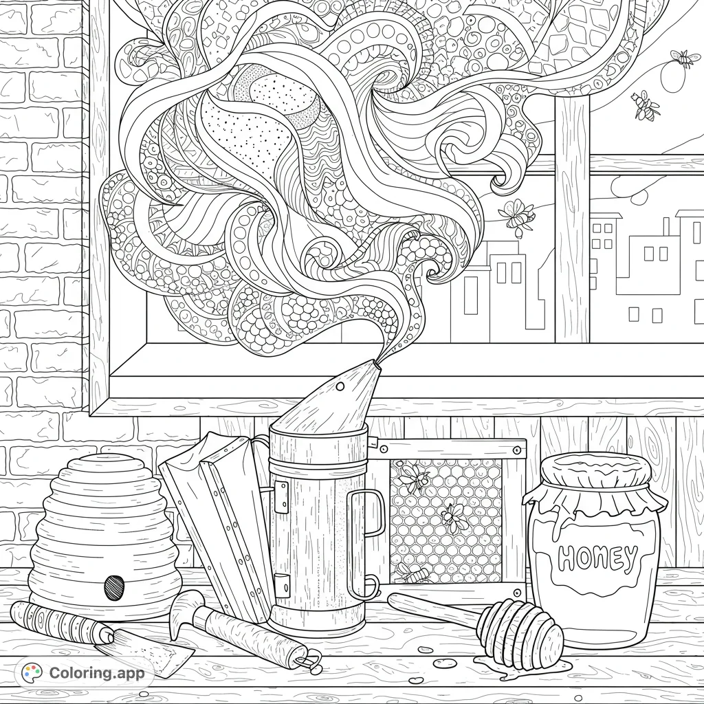 Detailed beekeeping scene with a smoker emitting intricate, swirling patterns, honey jar, hive, and bees. A unique apiary coloring page.