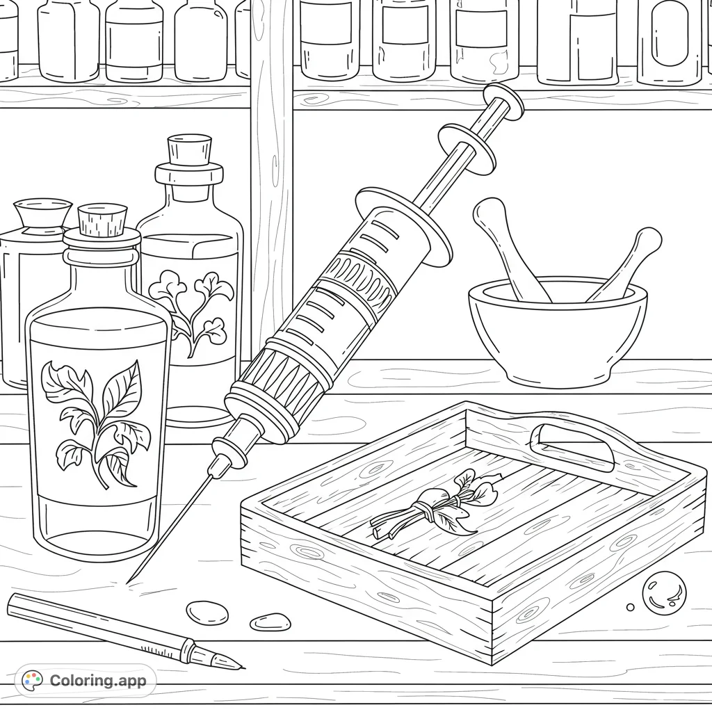 Explore a detailed apothecary lab coloring page featuring bottles, a syringe, mortar, and herbs. A free printable for science and history enthusiasts.