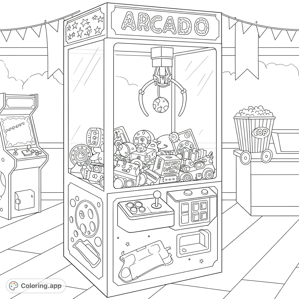 Dive into arcade nostalgia with this detailed claw machine coloring page! Featuring a prize-filled cabinet, classic arcade games, and a popcorn cart.