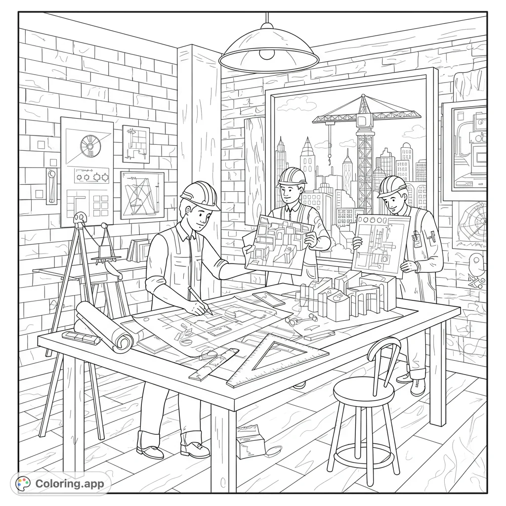 Detailed architectural design studio scene with three engineers, blueprints, and city models. A free printable coloring page for all ages.
