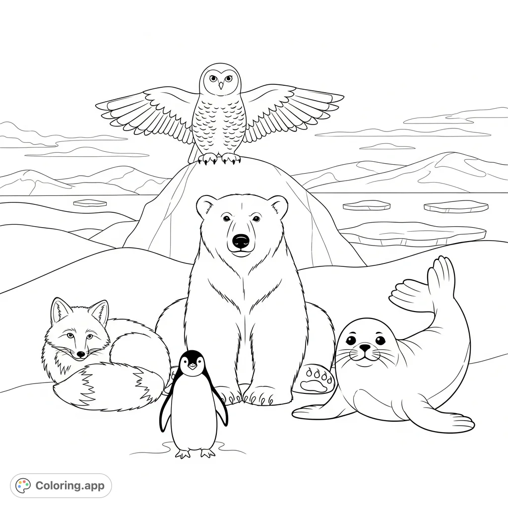 Discover a serene arctic scene with a polar bear, arctic fox, seal, snowy owl, and penguin in a harmonious composition. A beautiful wild animal coloring page for all ages.