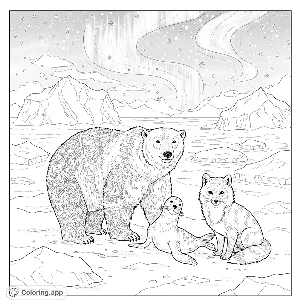 Discover an arctic wonderland with a majestic polar bear, a playful seal pup, and a clever arctic fox under the enchanting Northern Lights.