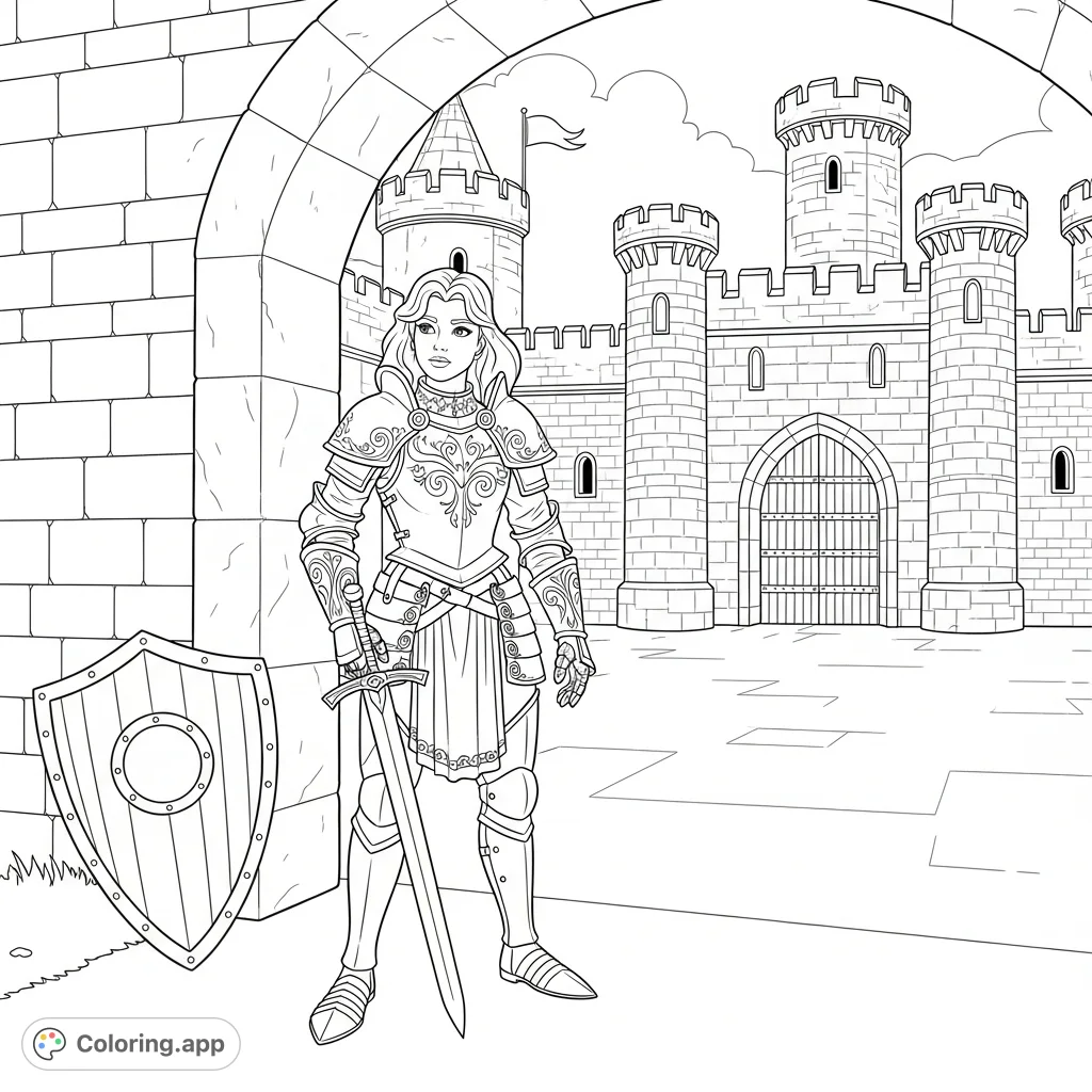 A brave princess stands poised in gleaming armor, a sword at her side, ready to embark on an epic journey from her castle courtyard. A thrilling adventure awaits!