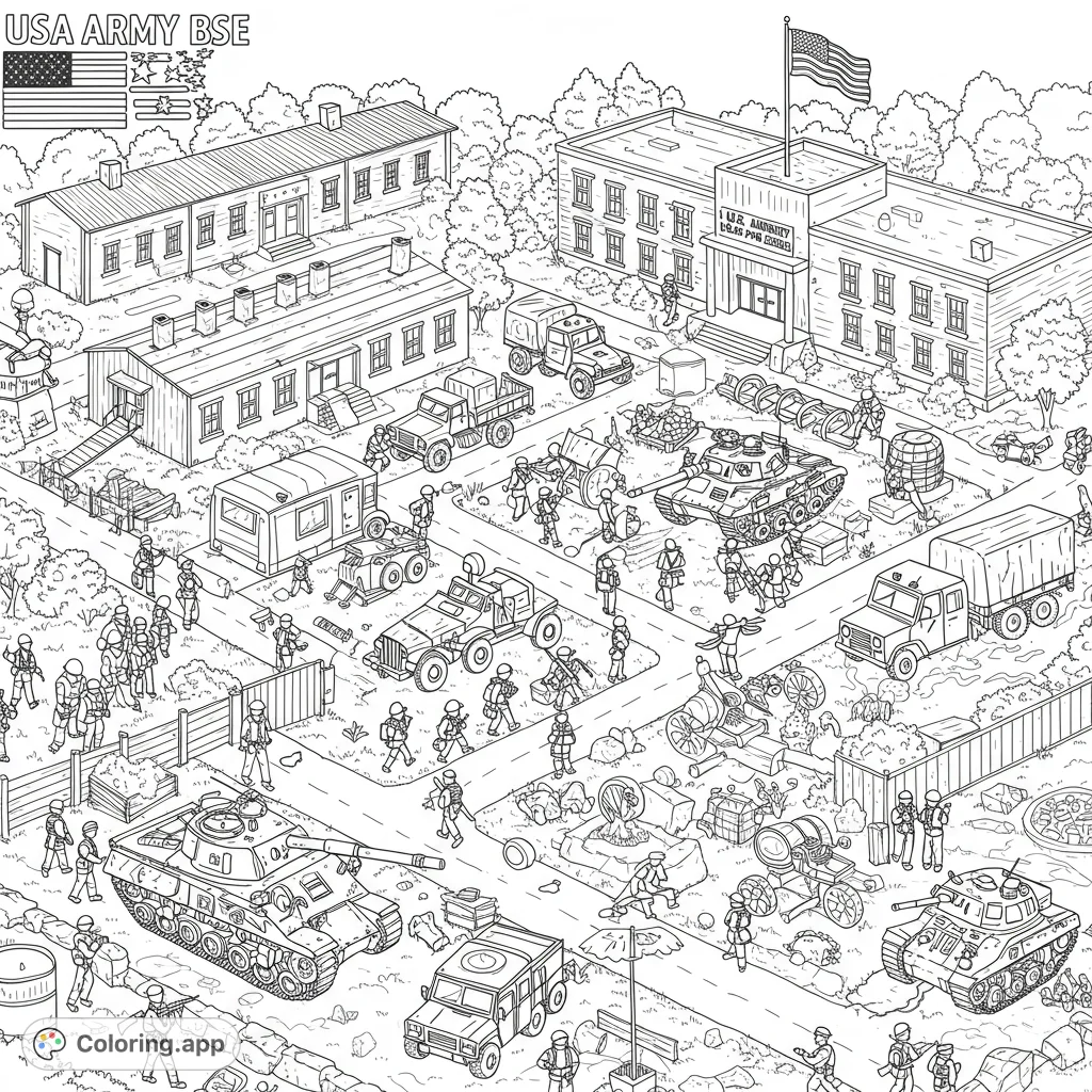 Explore a detailed military base coloring page featuring soldiers, tanks, trucks, and buildings, a free printable for immersive coloring.