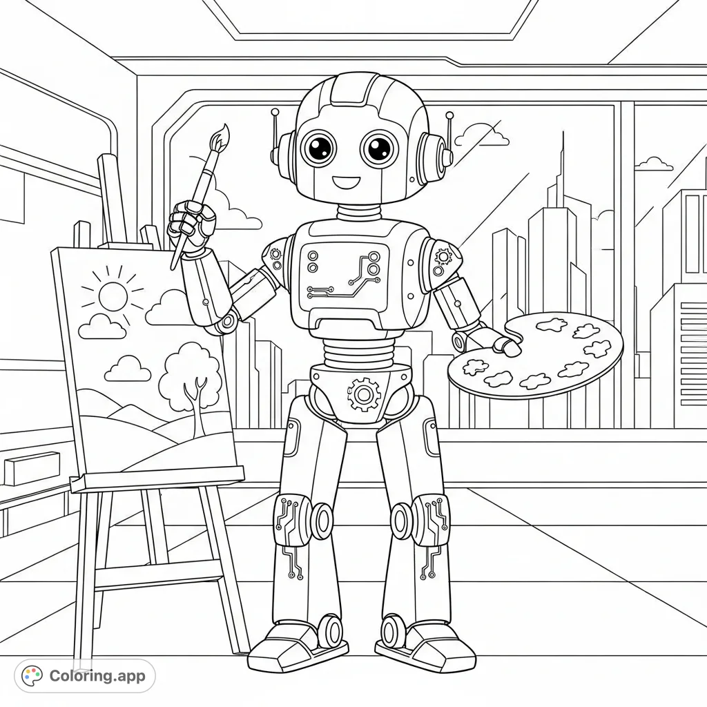 Explore your creativity with this delightful robot artist! A friendly bot holds a paintbrush and palette, standing before an easel with a landscape.