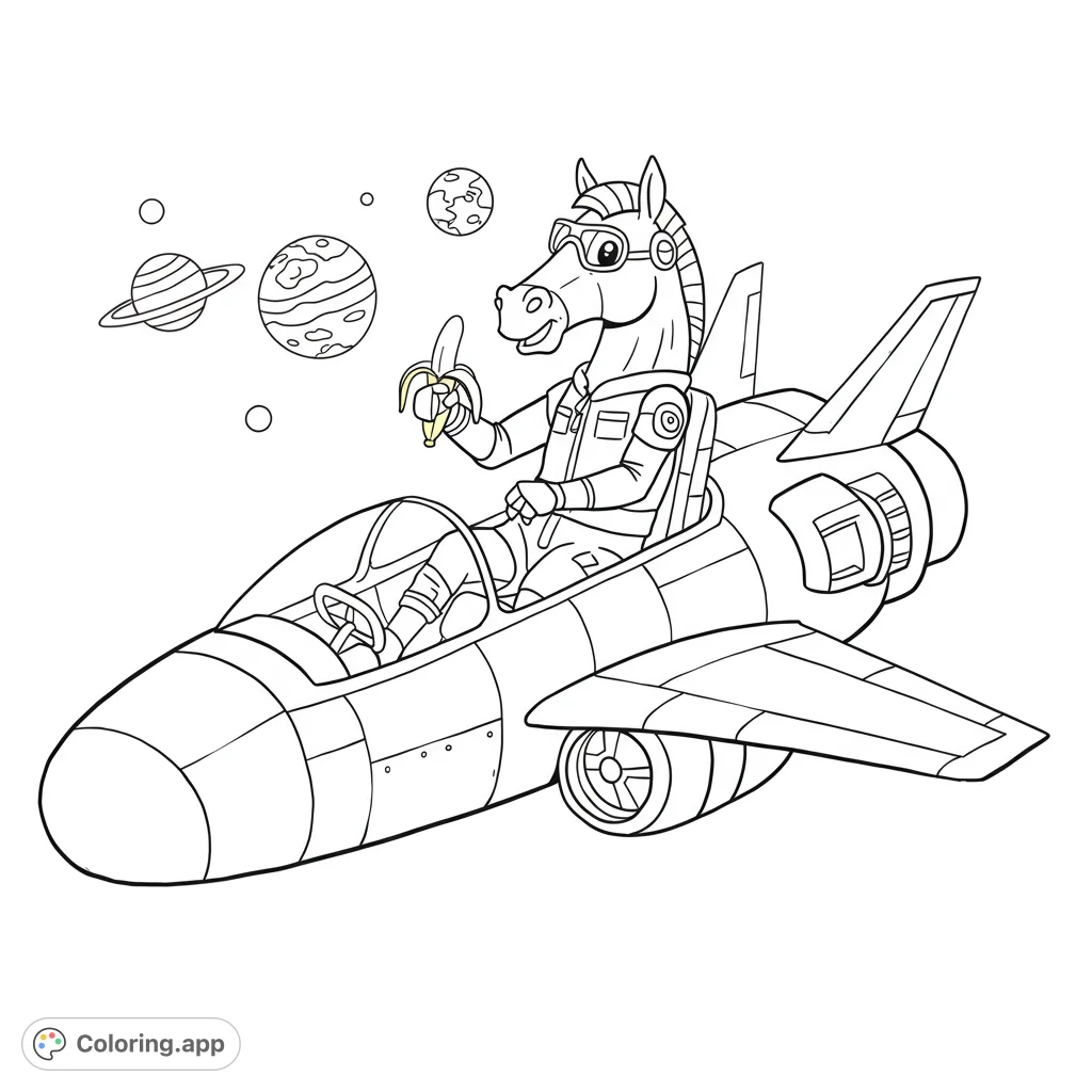 A fun space adventure coloring page featuring a horse astronaut in a sleek spaceship, holding a banana, with planets in the background. Perfect for kids!