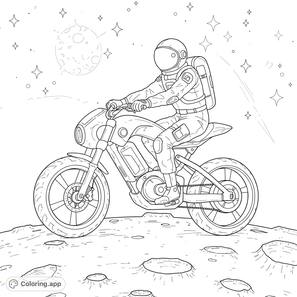 An astronaut on a futuristic motorcycle explores the moon's cratered surface under a starry sky, perfect for a space adventure coloring page.