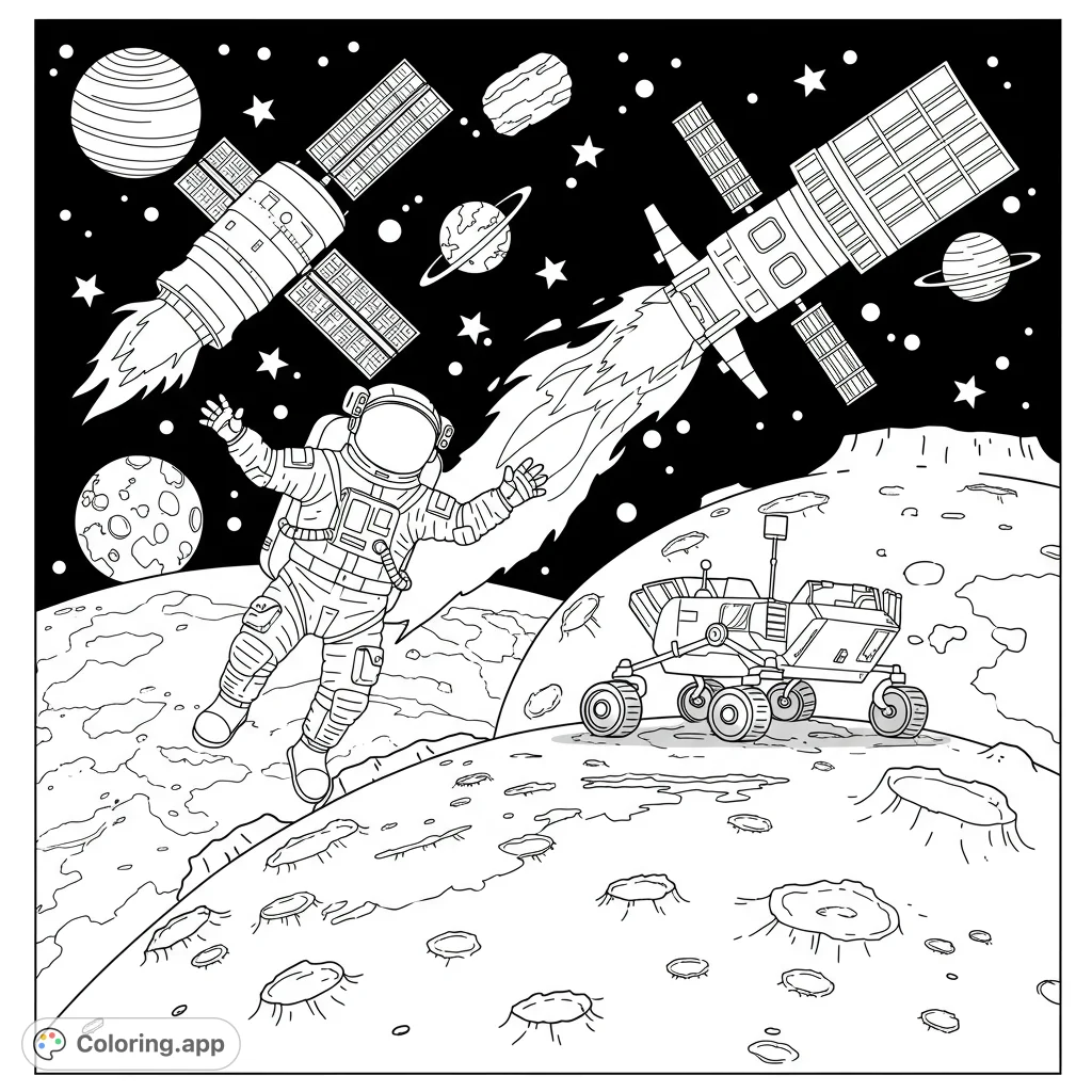 An exciting space adventure coloring page featuring an astronaut, space stations, a moon rover, and planets, perfect for cosmic exploration.