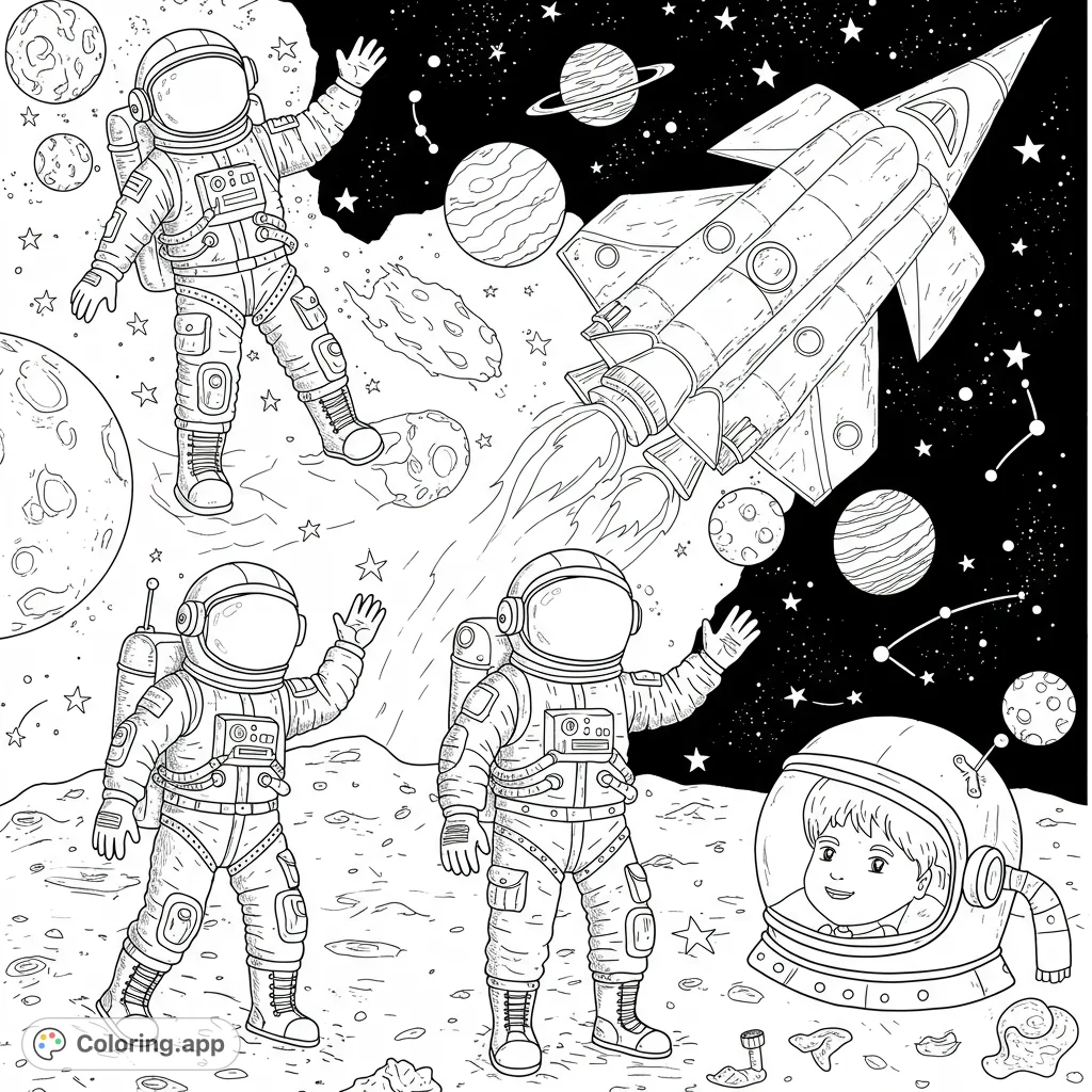 Embark on a cosmic journey with brave astronauts, a launching rocket, and distant planets in this exciting space adventure free printable coloring page.