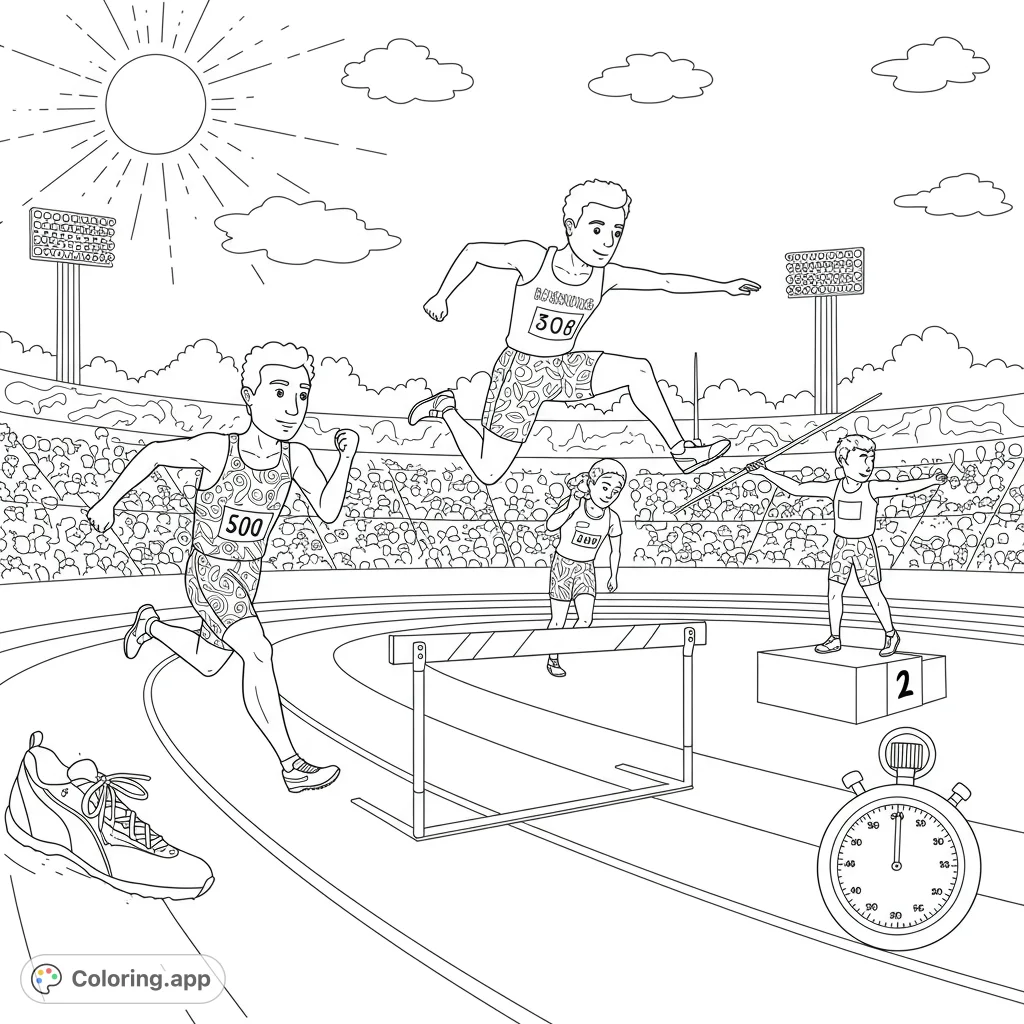 Dynamic athletics track and field scene with runners, hurdlers, and javelin throwers. A vibrant sports coloring page for all ages.