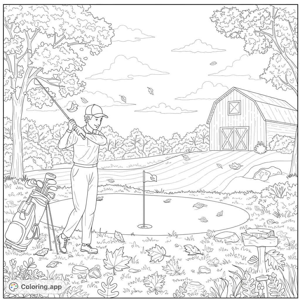 A detailed autumn golf course coloring page featuring a golfer mid-swing, a golf bag, putting green, and a rustic barn under a cloudy sky with falling leaves.