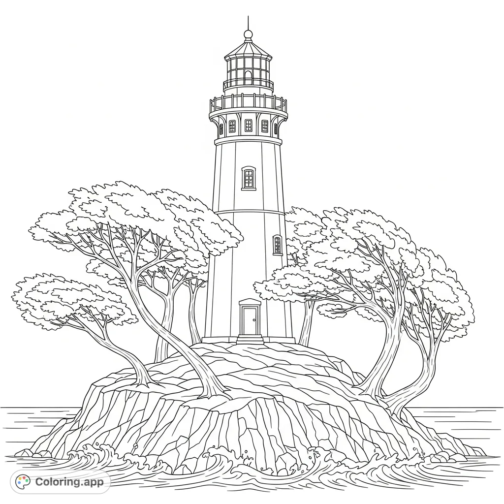 Color a majestic lighthouse standing firm against an autumn coastal backdrop, with windswept trees and crashing waves under an expansive sky.