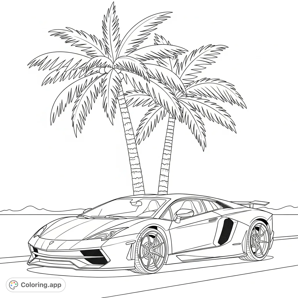An exotic Aventador-style sports car precisely parked under two towering palm trees, featuring bold clean contours against a serene tropical backdrop.