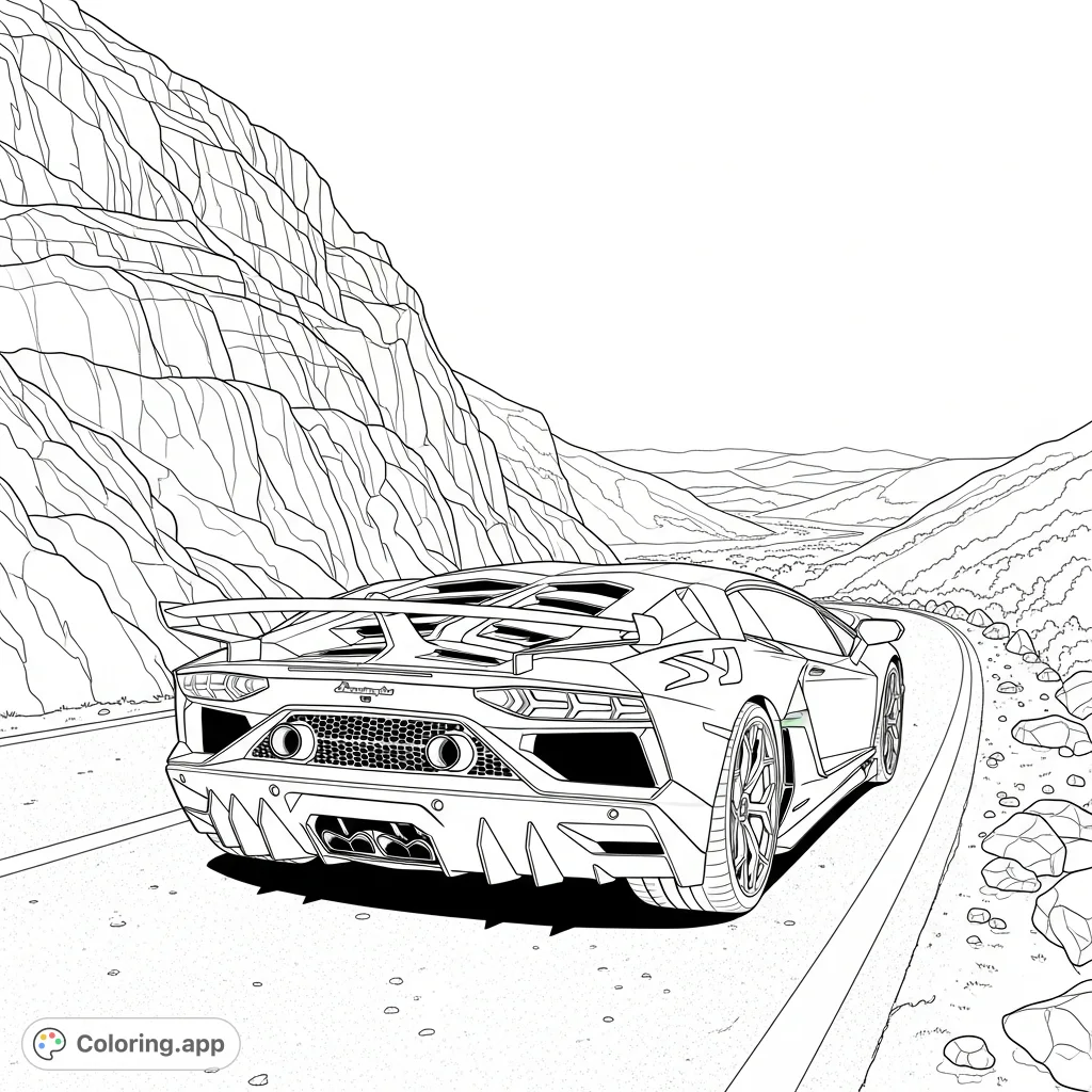 Experience the thrill of a Lamborghini Aventador SVJ on a deserted mountain road with dramatic cliffs and a sweeping valley in this detailed coloring page.