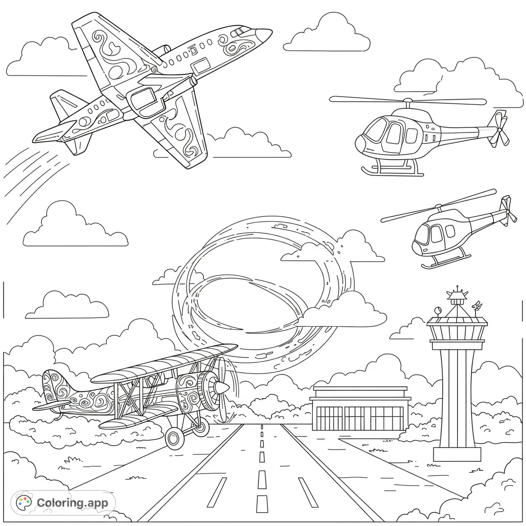 Explore an exciting aviation coloring page featuring a jet, biplane, helicopters, and an airport scene, perfect for all ages.