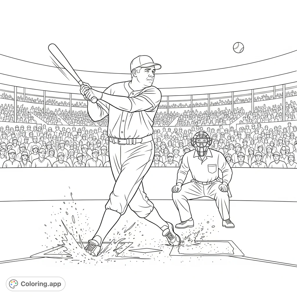 Experience the legendary power of Babe Ruth mid-swing, with dirt flying and a grandstand packed with cheering fans in this dynamic coloring page.