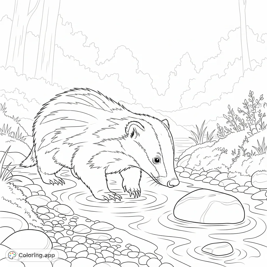 A charming coloring page depicting a baby badger exploring a shallow stream, complete with gentle ripples, river stones, and delicate stream-side flora.